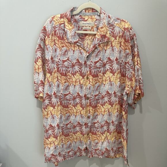 Tommy Bahama Shirt Mens XXL Orange Red Floral Hawaiian 100% Linen Short Sleeve - Picture 1 of 5